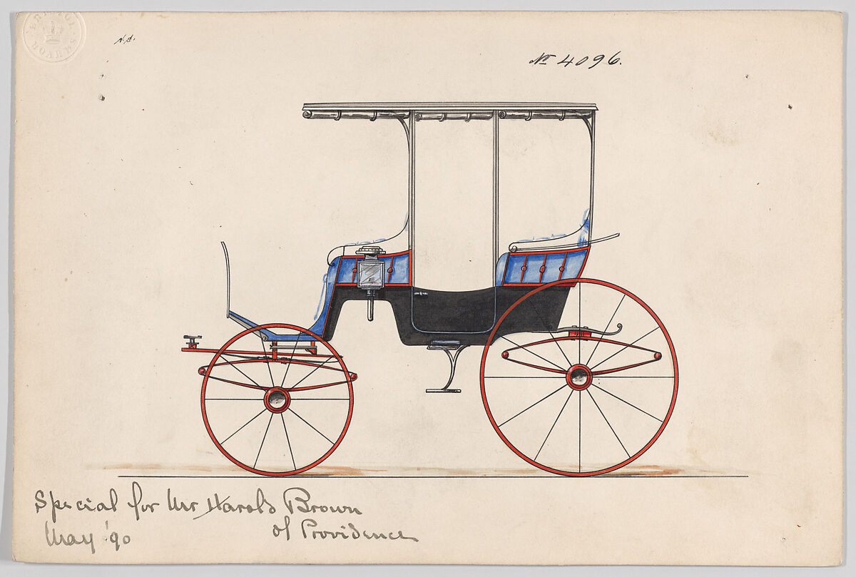 Design for Station Wagon, no. 4096, Brewster &amp; Co. (American, New York), Pen and black ink, watercolor and gouache with gum arabic 