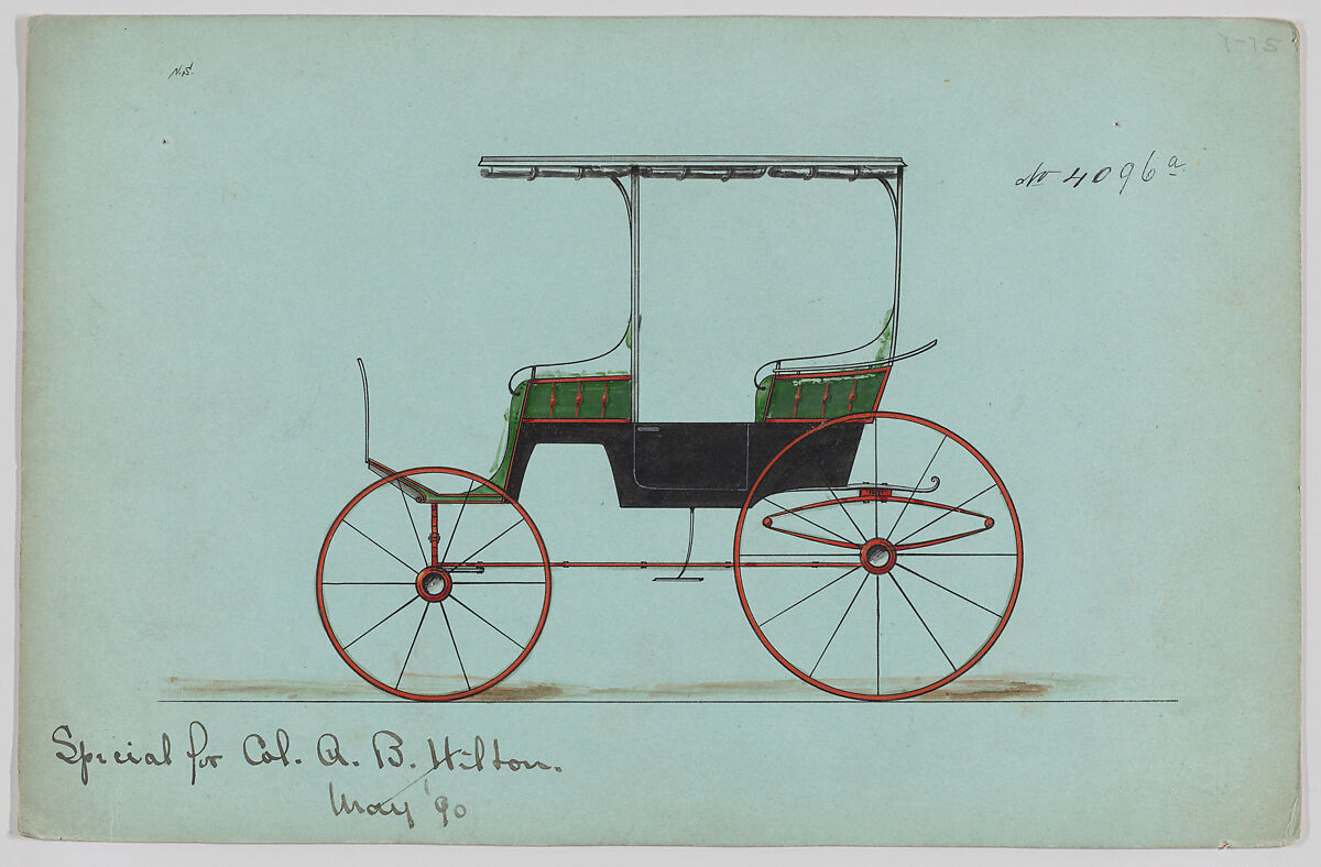 Design for 2 seat Phaeton, no. 4096a, Brewster &amp; Co. (American, New York), Pen and black ink, watercolor and gouache, with gum arabic 