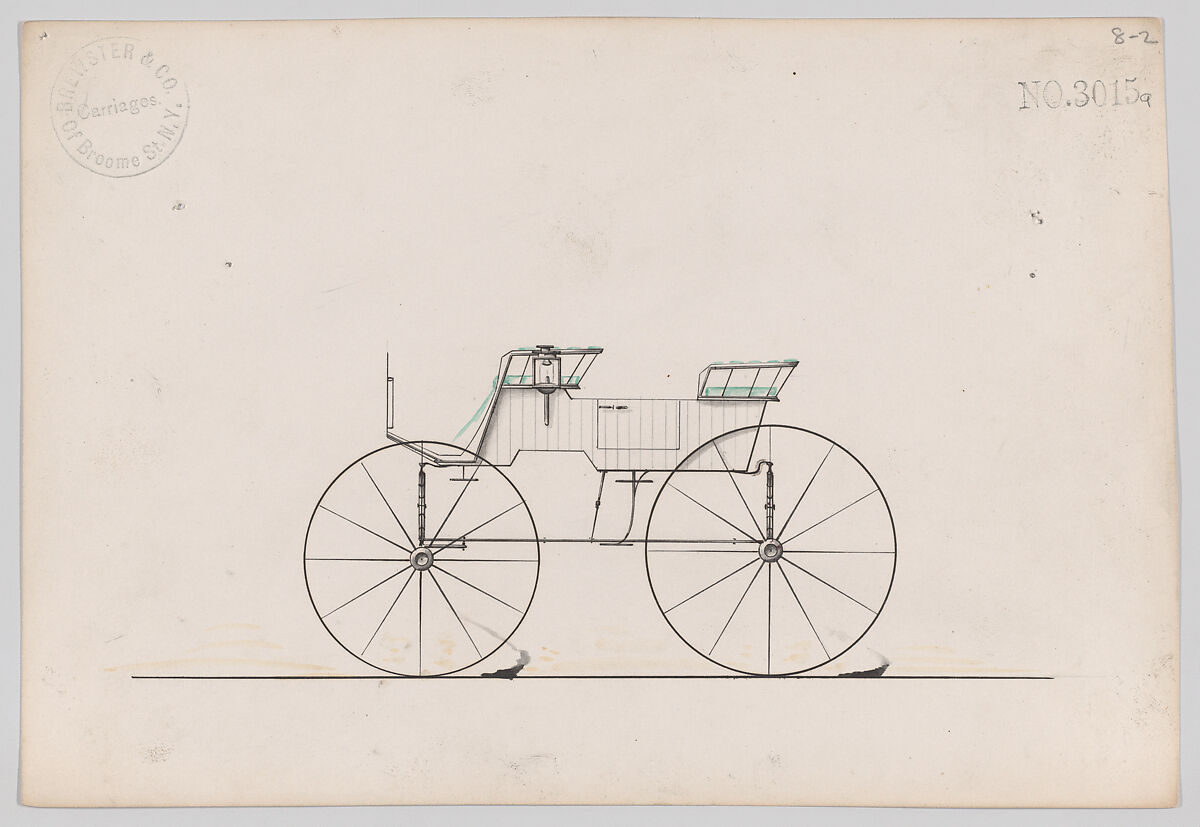 Design for 4 seat Phaeton, no top, no. 3015a, Brewster &amp; Co. (American, New York), Pen and black ink, watercolor and gouache 
