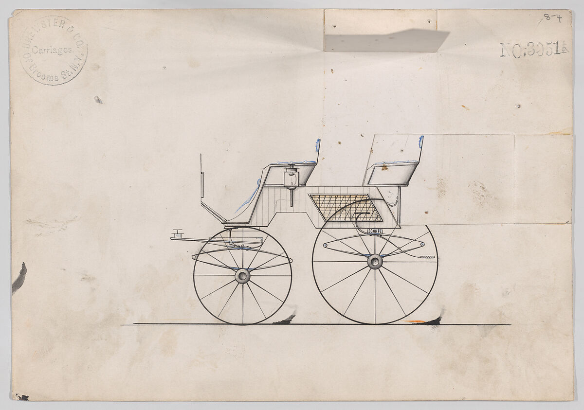 Design for 4 seat Phaeton, no top, no. 3051a, Brewster &amp; Co. (American, New York), Pen and black ink, watercolor and gouache