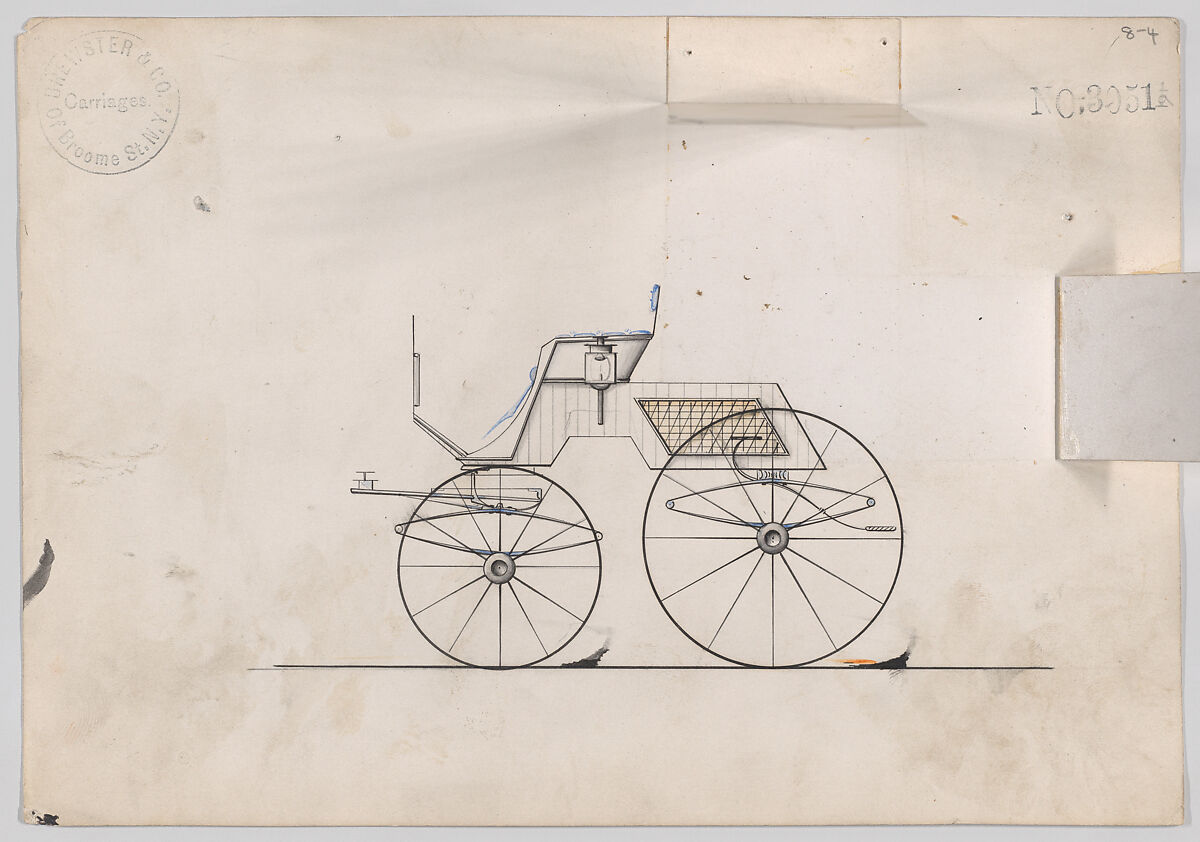 Design for 4 seat Phaeton, no top, no. 3051a, Brewster &amp; Co. (American, New York), Pen and black ink, watercolor and gouache