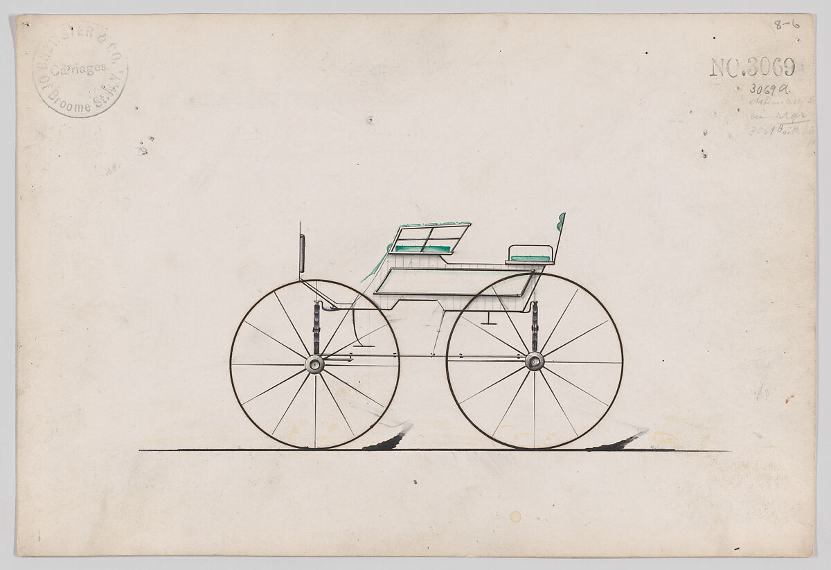 Design for 4 seat Phaeton, no top, no. 3069a, Brewster &amp; Co. (American, New York), Pen and black ink, watercolor and gouache 