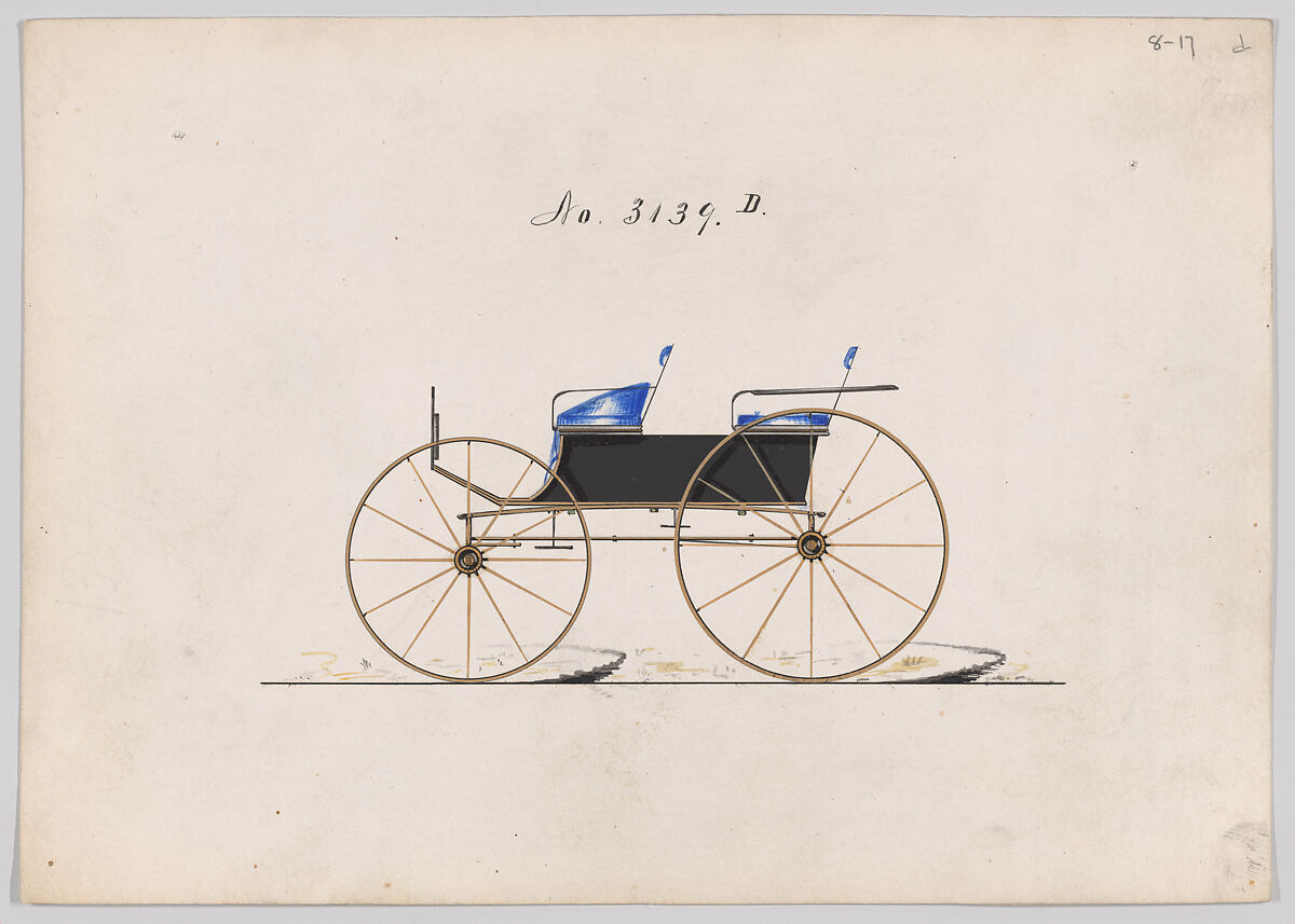 Design for 4 seat Phaeton, no top, no. 3139d, Brewster &amp; Co. (American, New York), Pen and black ink, watercolor and gouache with gum arabic 