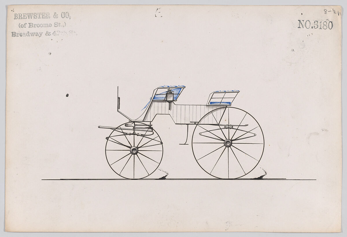 Design for 4 seat Phaeton, no top, no. 3180, Brewster &amp; Co. (American, New York), Pen and black watercolor and gouache 