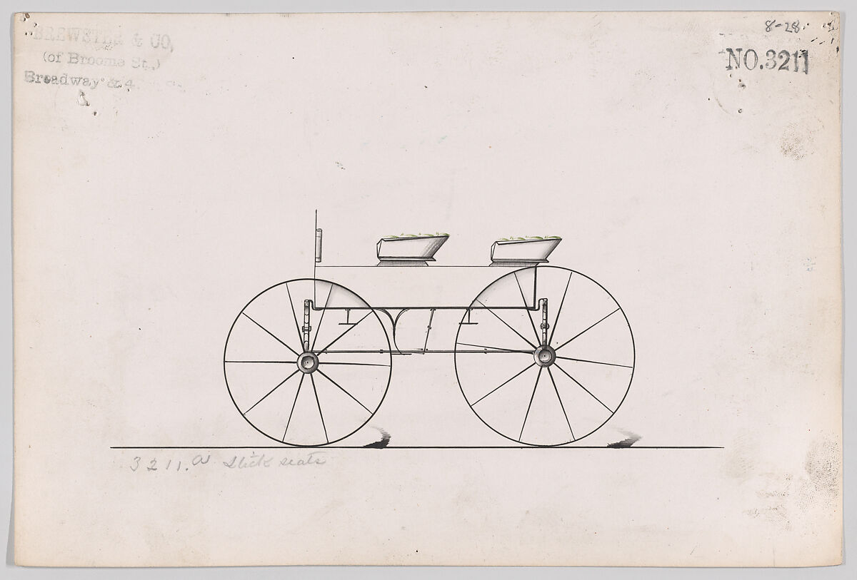 Design for 4 seat Phaeton, no top, no. 3211, Brewster &amp; Co. (American, New York), Pen and black ink, watercolor and gouache 