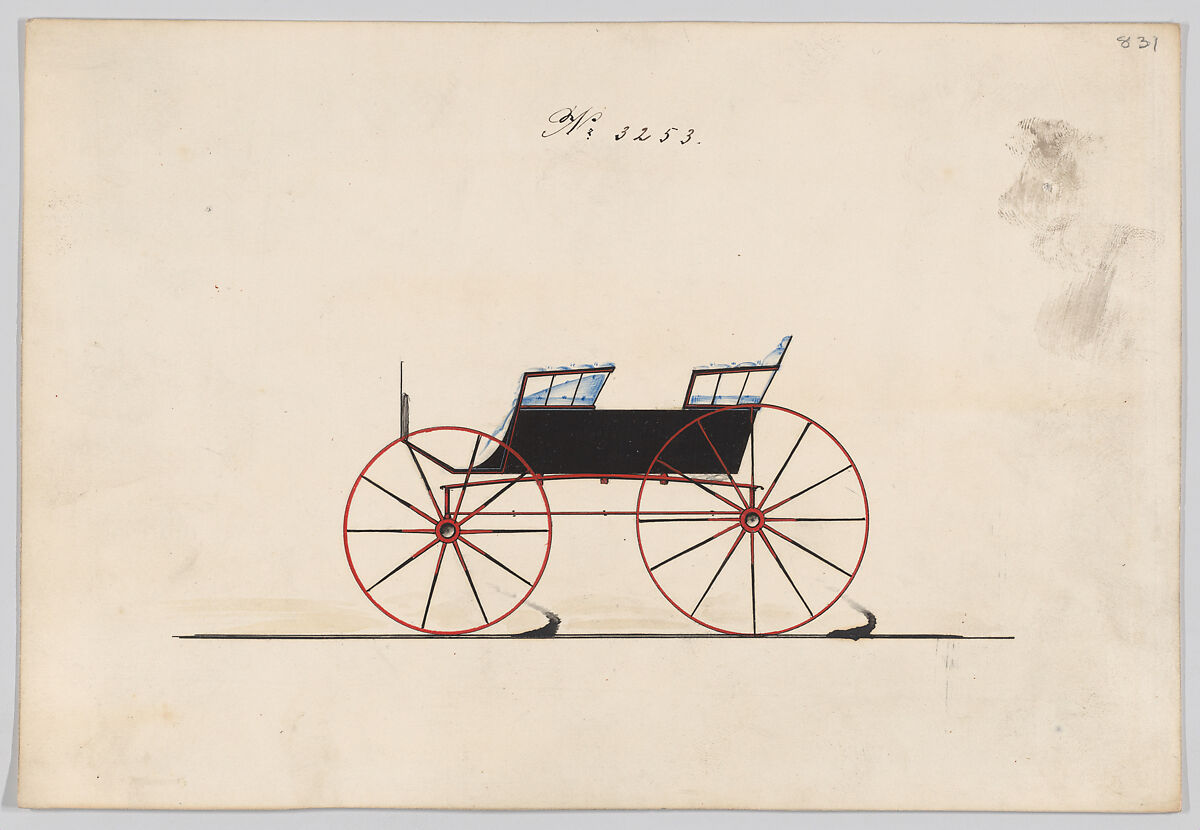 Design for 4 seat Phaeton, no top, no. 3253, Brewster &amp; Co. (American, New York), Pen and black ink, watercolor and gouache with gum arabic 