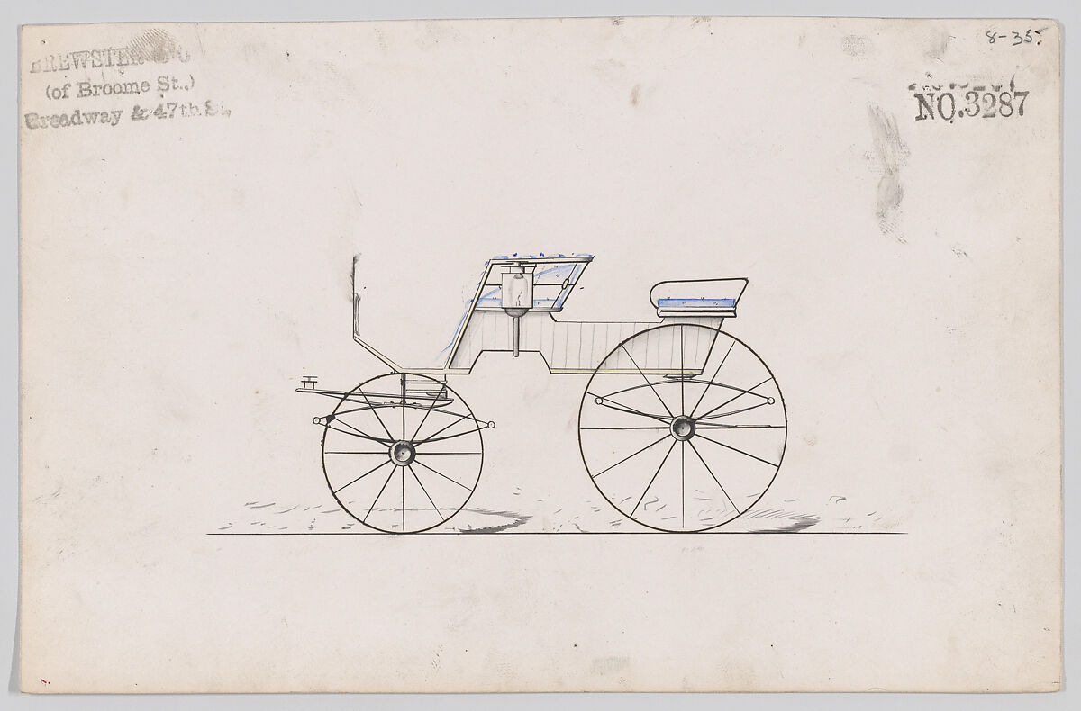 Design for 4 seat Phaeton, no top, no. 3287, Brewster &amp; Co. (American, New York), Pen and black ink, watercolor and gouache 