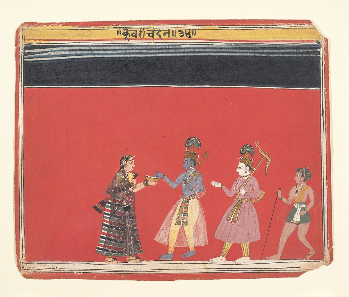 Krishna Accepts an Offering from the Hunchbacked Woman Trivakra: Page from a Bhagavata Purana Series, Ink and opaque watercolor on paper, India (Madhya Pradesh, Malwa) 