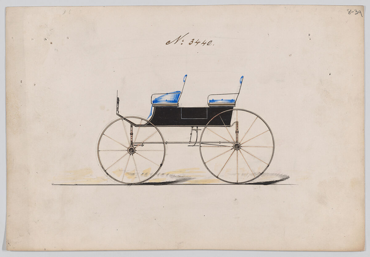 Design for 4 seat Phaeton, no top, no. 3440, Brewster &amp; Co. (American, New York), Pen and black ink, watercolor and gouache with gum arabic 