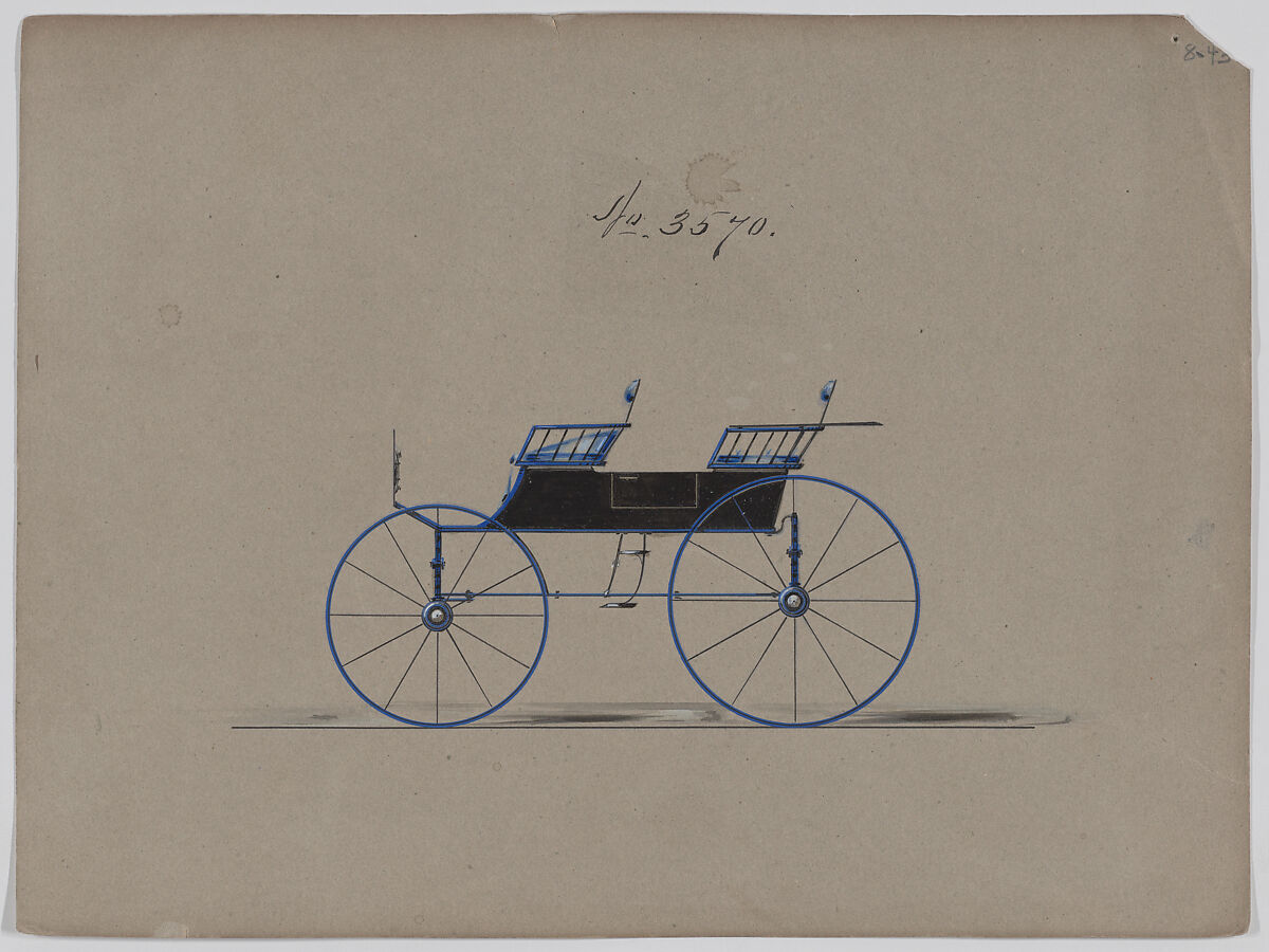 Design for 4 seat Phaeton, no top, no. 3570, Brewster &amp; Co. (American, New York), Pen and black ink, watercolor and gouache with bum arabic 