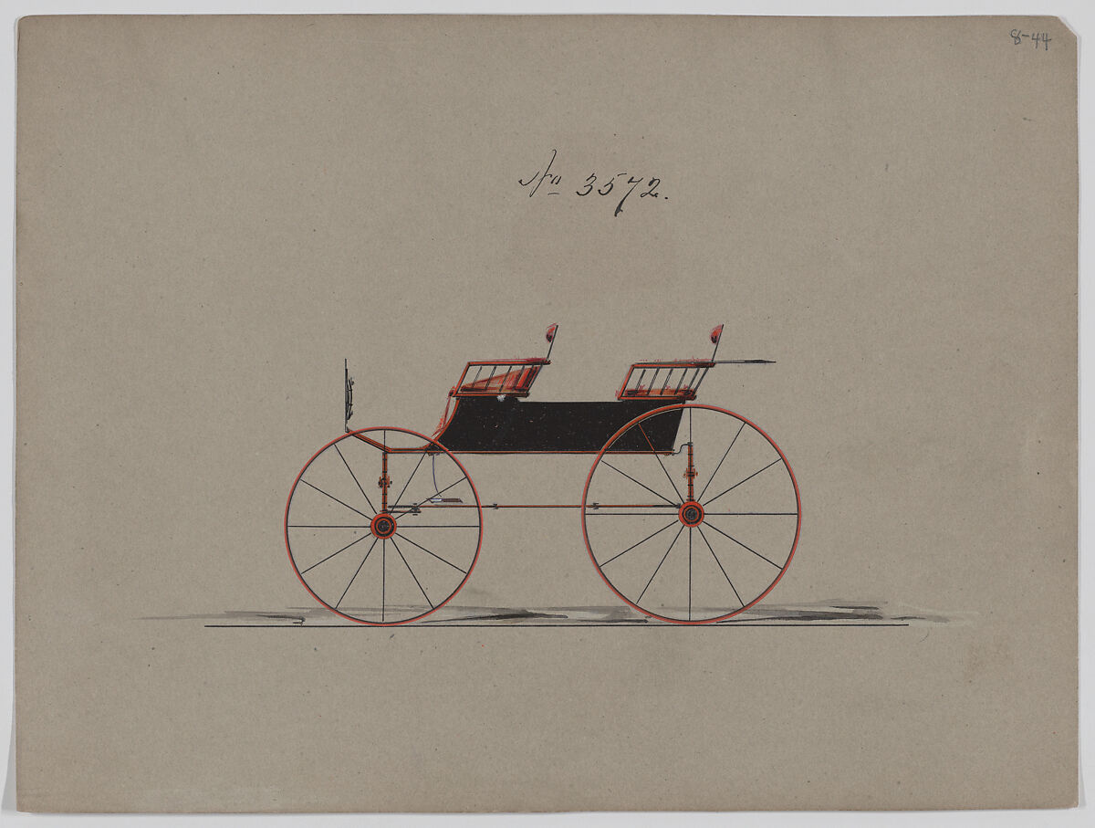 Design for 4 seat Phaeton, no top, no. 3572, Brewster &amp; Co. (American, New York), pen and black ink, watercolor and gouache with gum arabic 