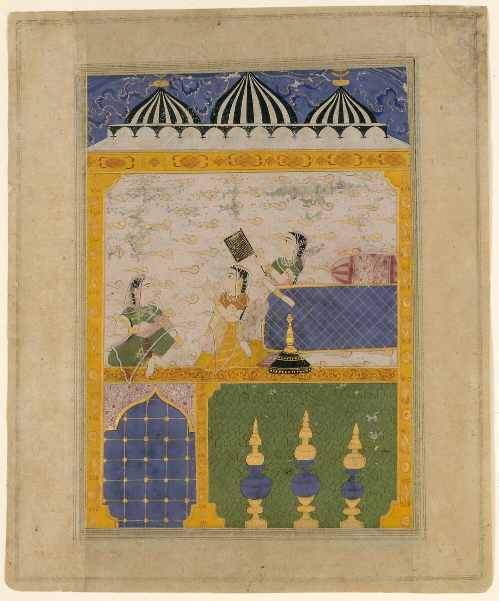 Three Ladies in a Palace Interior: Page from a Dispersed Laur Chanda (Romance of Laurak and Chanda), Ink, opaque watercolor, and gold on paper, Northern India (Mandu?) 