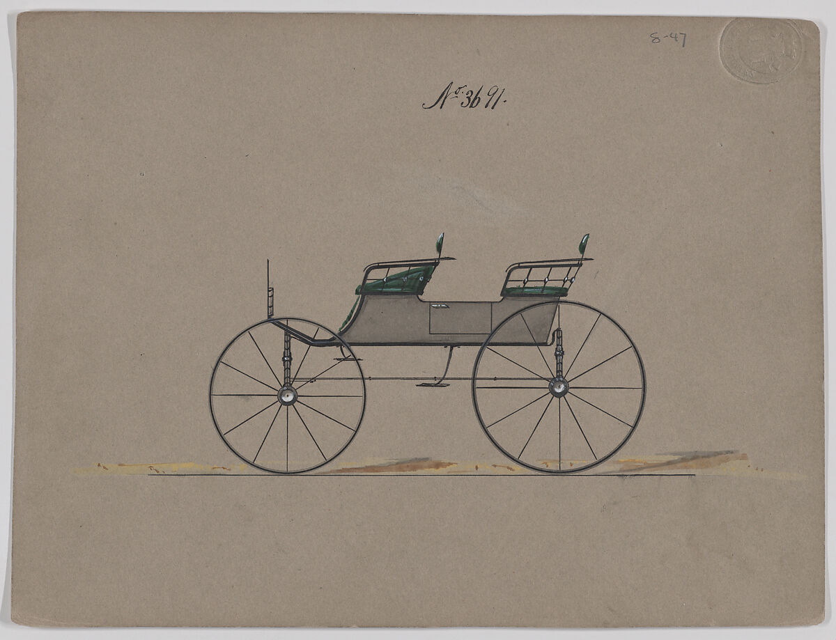 Design for 4 seat Phaeton, no top, no. 3691, Brewster &amp; Co. (American, New York), Pen and black ink, watercolor and gouache 
