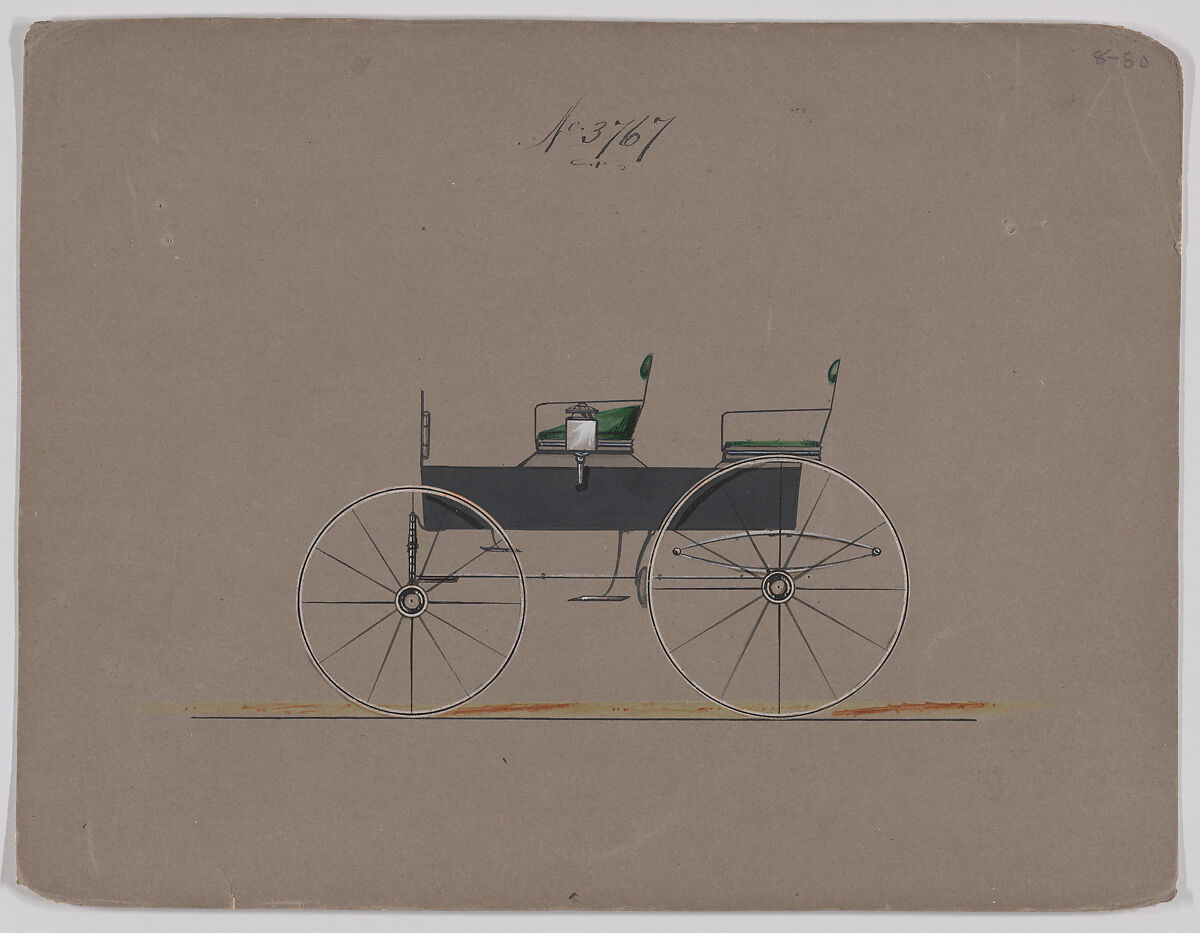 Design for 4 seat Phaeton, no top, no. 3767, Brewster &amp; Co. (American, New York), Pen and black ink, watercolor and gouache with gum arabic 