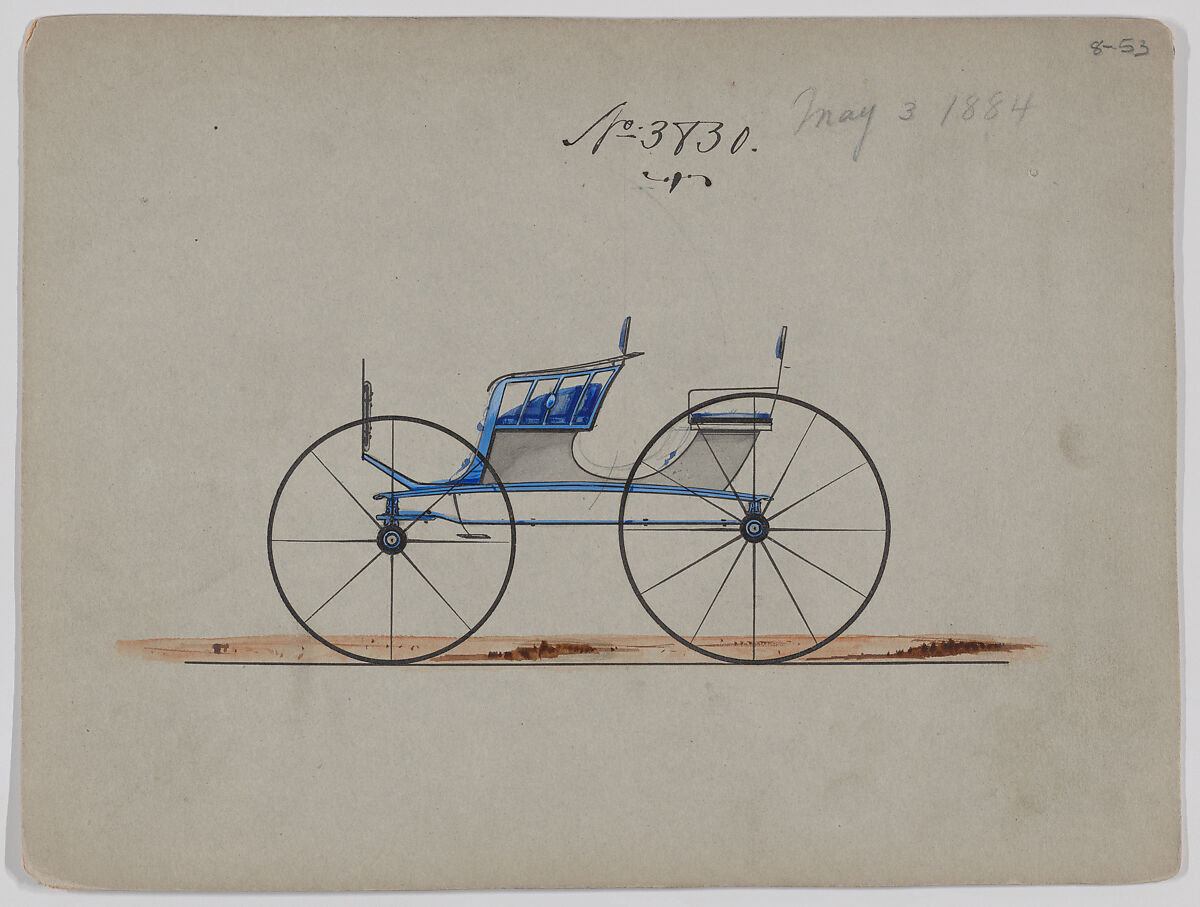 Design for 4 seat Phaeton, no top, no. 3830, Brewster &amp; Co. (American, New York), Pen and black ink, watercolor and gouache with gum arabic