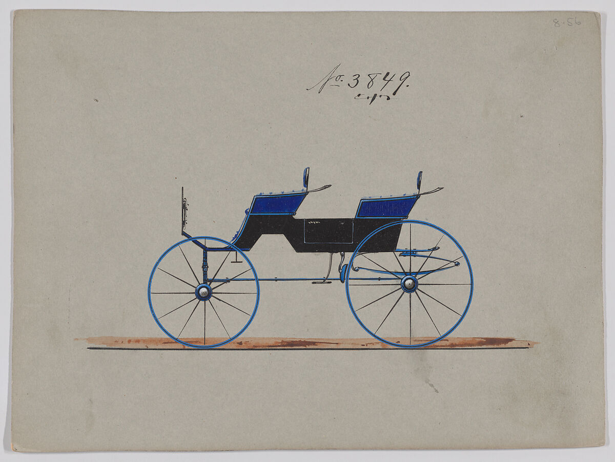 Design for 4 seat Phaeton, no top, no. 3849, Brewster &amp; Co. (American, New York), Pen and black ink, watercolor and gouache with gum arabic 