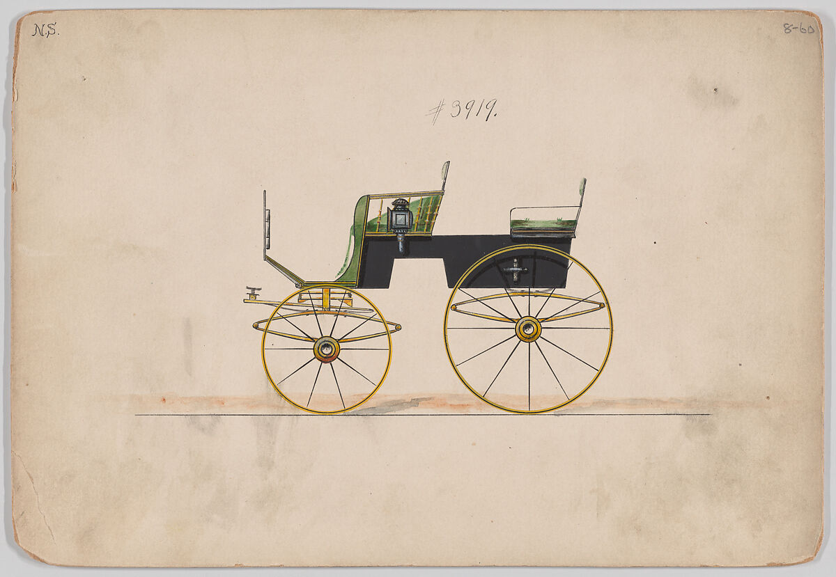 Design for 4 seat Phaeton, no top, no. 3919, Brewster &amp; Co. (American, New York), Pen and black ink, watercolor  and gouache with gum arabic 