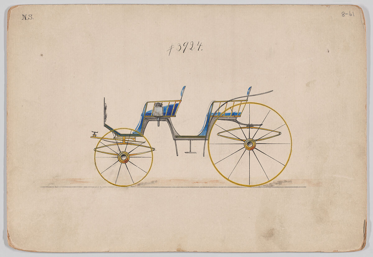 Design for 4 seat Phaeton, no top, no. 3924, Brewster &amp; Co. (American, New York), Pen and black ink, watercolor and gouache 