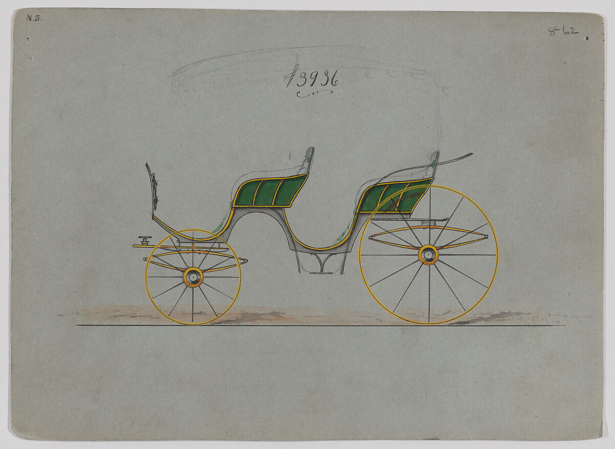 Design for 2 seat Parasol Top Phaeton, no top, no. 3936, Brewster &amp; Co. (American, New York), Graphite, pen and black ink, watercolor and gouache 
