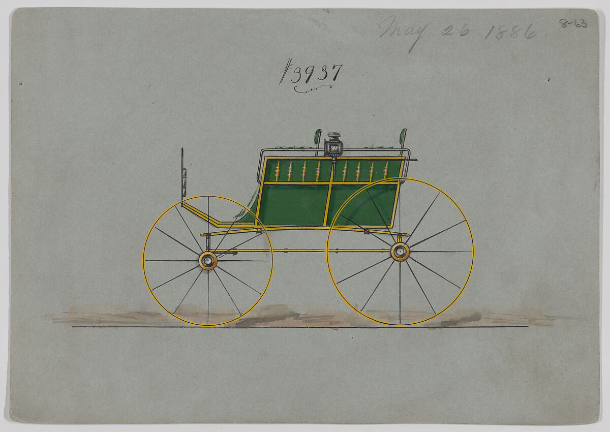 Design for 4 seat Phaeton, no top, no. 3937, Brewster &amp; Co. (American, New York), Pen and black ink, watercolor and gouache with gum arabic. 