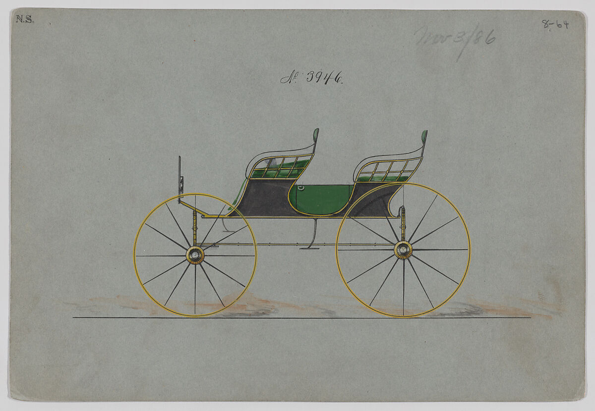 Design for 4 seat Phaeton, no top, no. 3946, Brewster &amp; Co. (American, New York), Pen and black ink, watercolor and gouache with gum arabic 