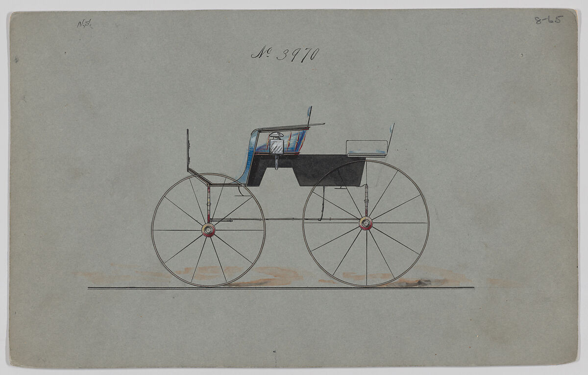Design for 4 seat Phaeton, no top, no. 3970, Brewster &amp; Co. (American, New York), Pen and black ink, watercolor and gouache 