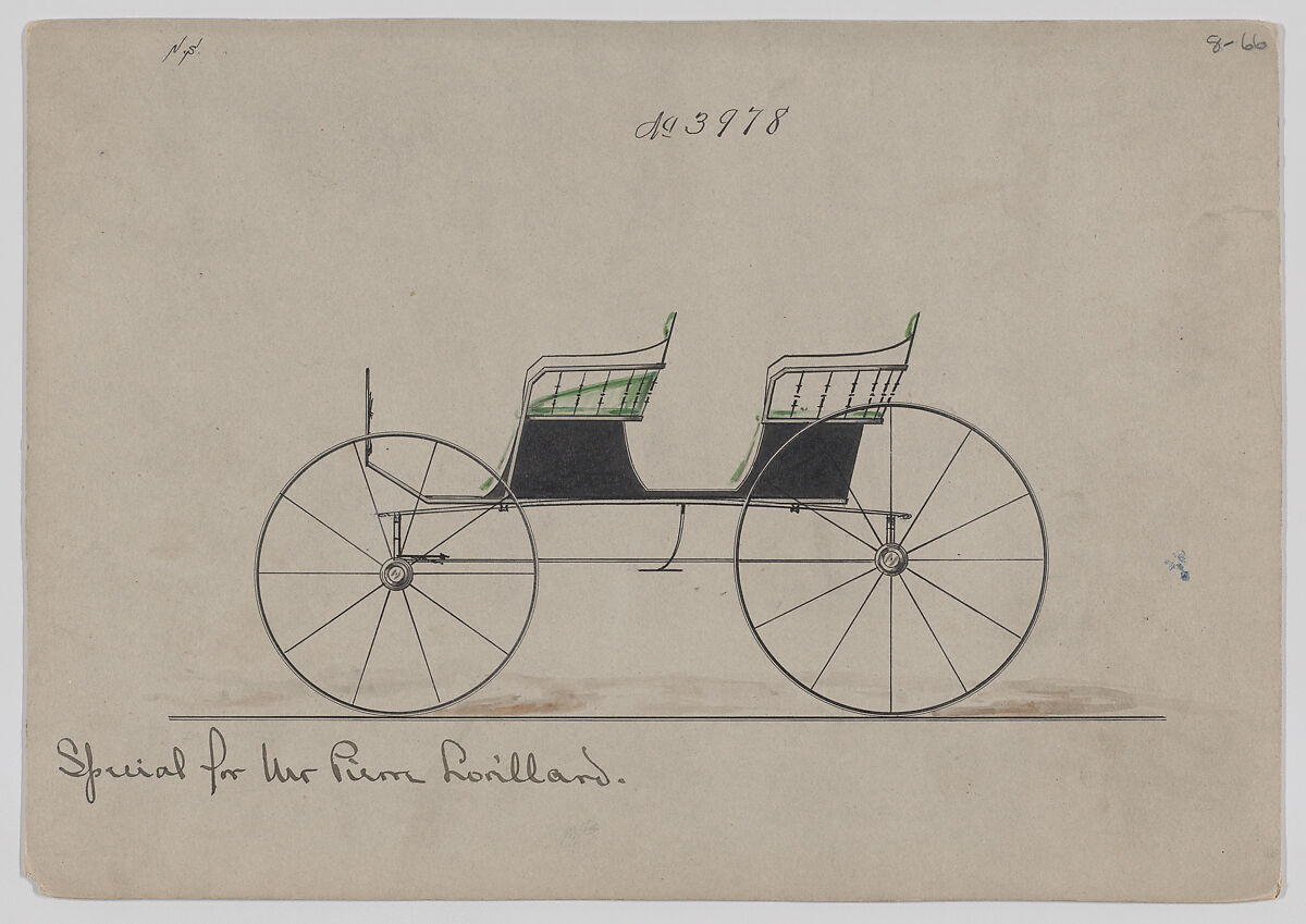 Design for 2 seat Side Bar Phaeton or Wagon (?), no top, no. 3978, Brewster &amp; Co. (American, New York), Pen and black ink, watercolor and gouache 