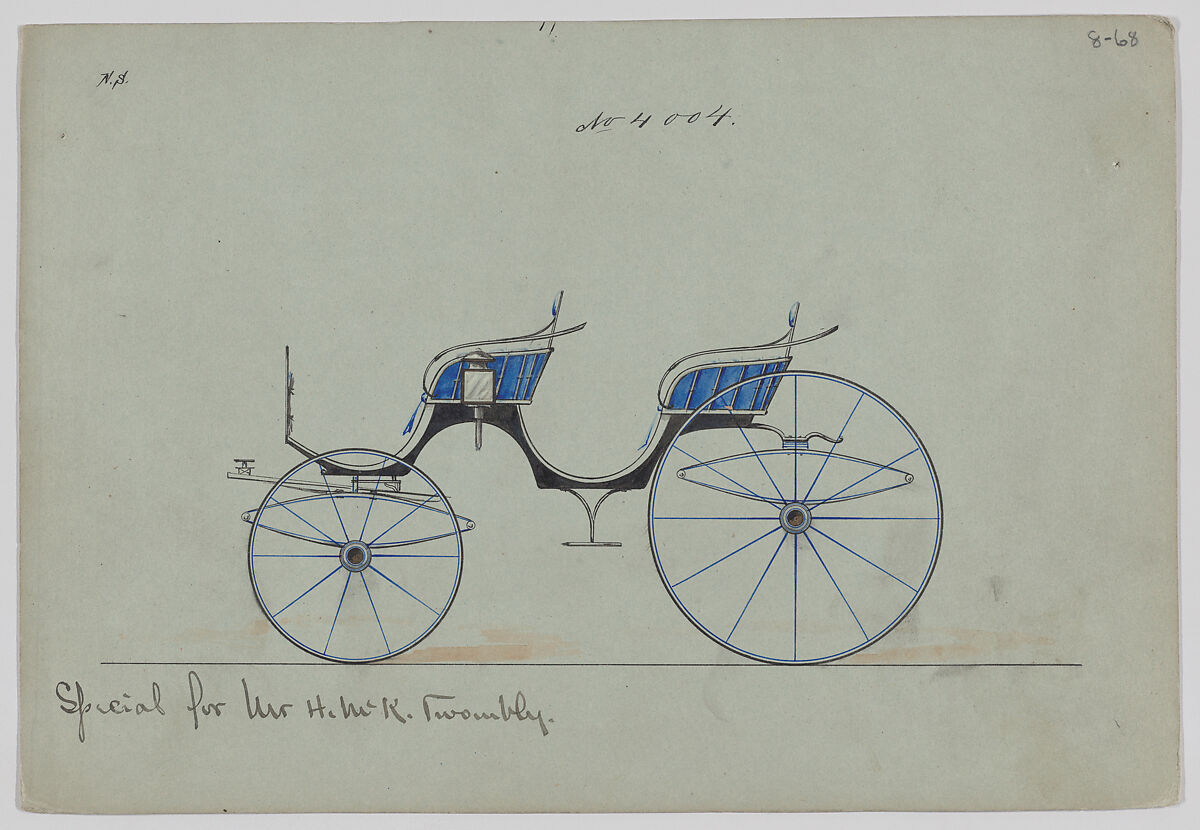 Design for 4 seat Phaeton, no top, no. 4004, Brewster &amp; Co. (American, New York), Pen and black ink, watercolor and gouache 