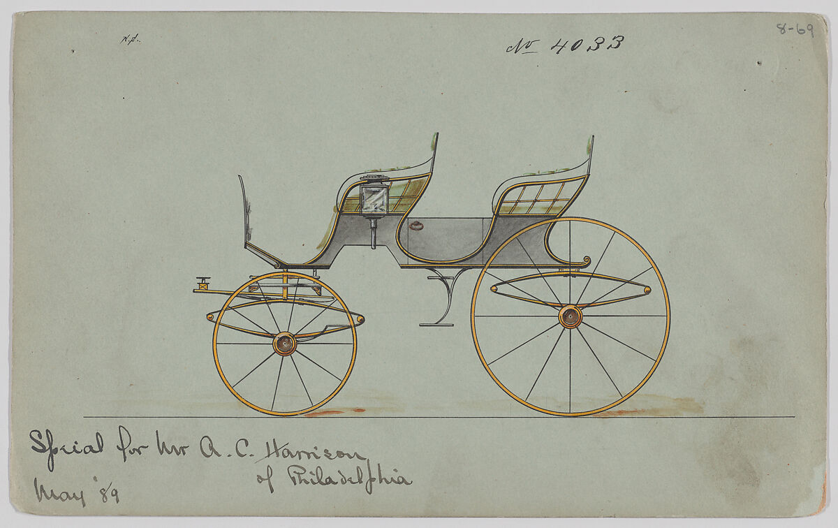 Design for 4 seat Phaeton, no top, no. 4033, Brewster &amp; Co. (American, New York), Pen and black ink, watercolor and gouache 