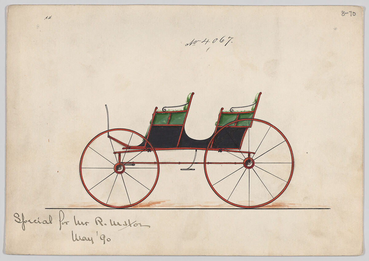 Design for 4 seat Phaeton, no top, no. 4067, Brewster &amp; Co. (American, New York), pen and black ink, watercolor and gouache with gum arabic 