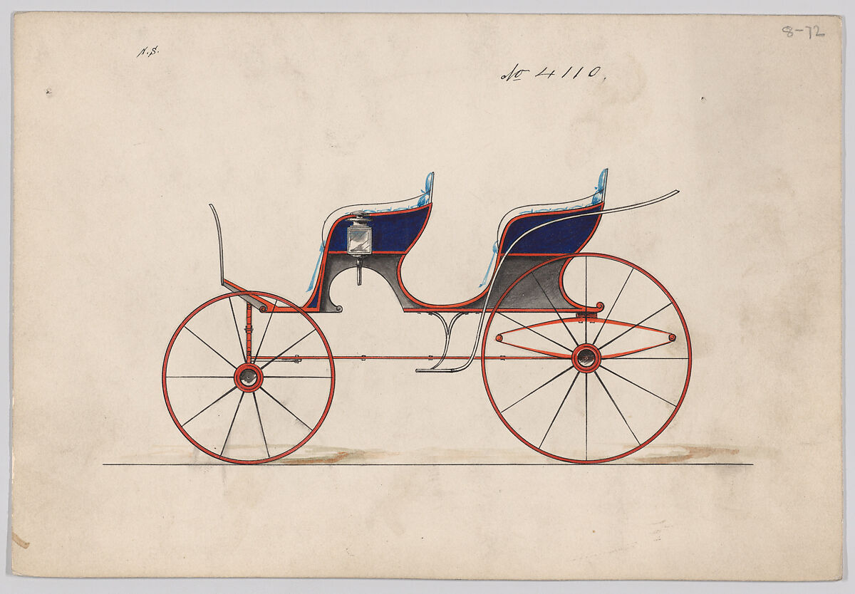 Design for 4 seat Phaeton, no top, no. 4110, Brewster &amp; Co. (American, New York), Pen and black ink, watercolor and gouache with gum arabic 
