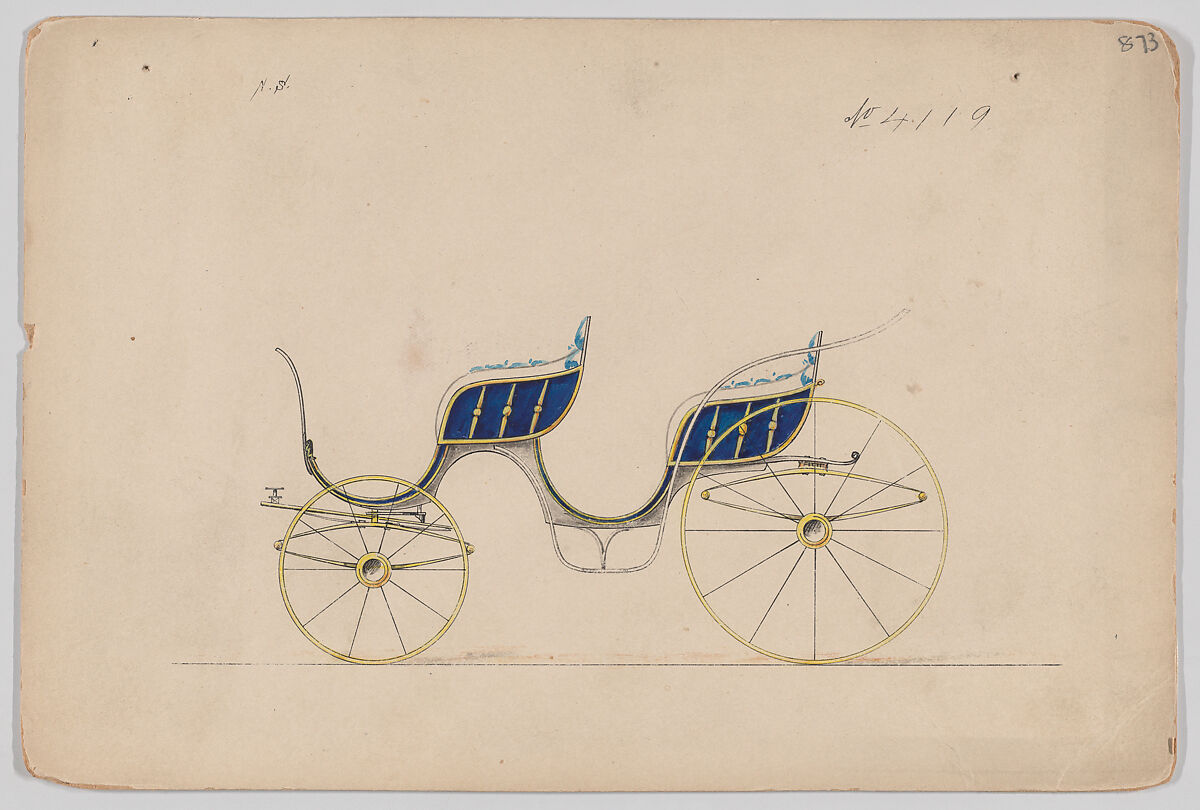Design for 4 seat Phaeton, no top, no. 4119, Brewster &amp; Co. (American, New York), Pen and black ink, watercolor and gouache 