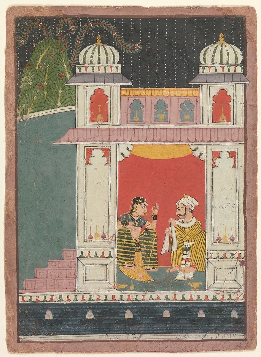 A Heroine and Her Lover in a Pavilion: Page from a Dispersed Nayikabheda, Ink and opaque watercolor on paper, India (Madhya Pradesh, Malwa) 
