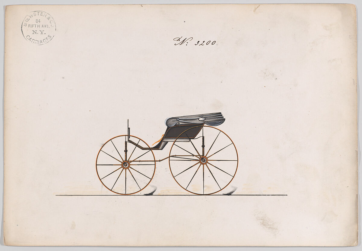Design for Pony Phaeton, no. 3200, Brewster &amp; Co. (American, New York), Pen and black ink, watercolor and gouache. 
