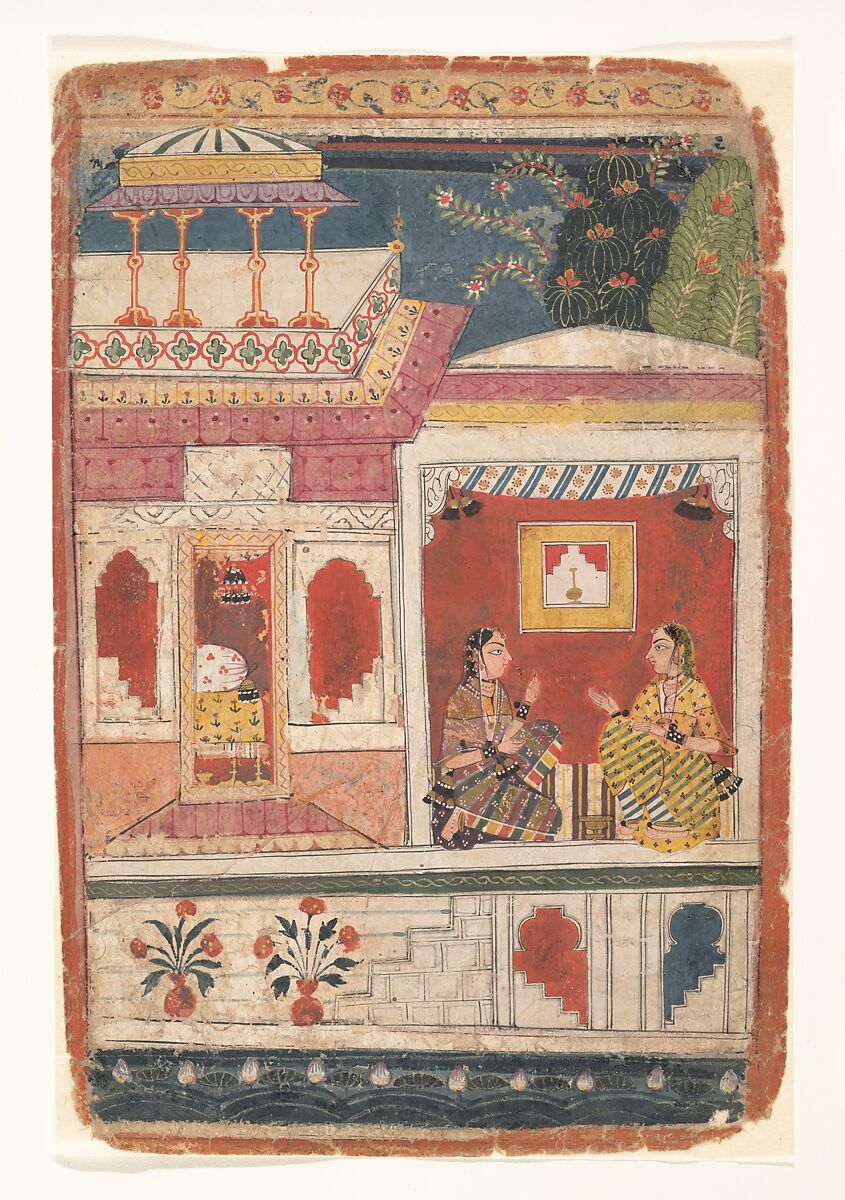 Radha and Her Confidant Sit in an Open Room: Page from a Dispersed Rasikapriya, Ink and opaque watercolor on paper, India (Madhya Pradesh, Malwa) 