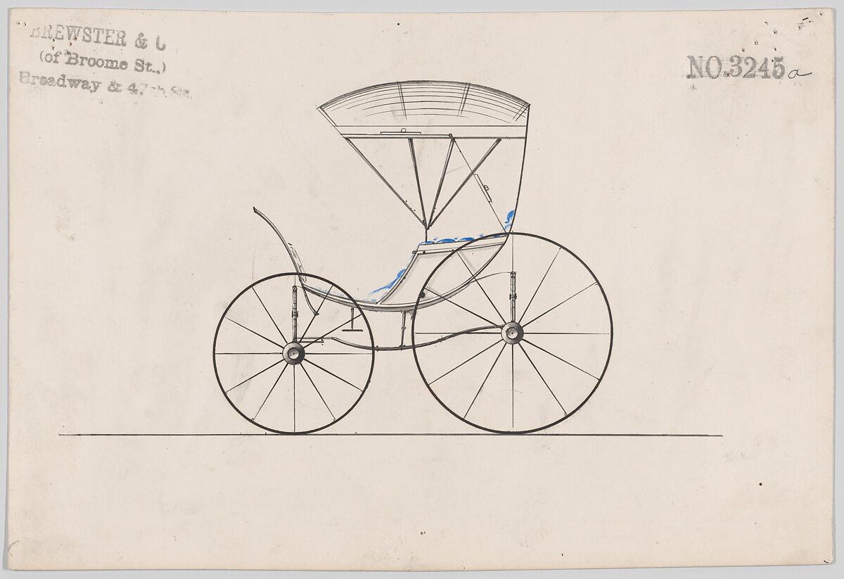 Design for Pony Phaeton, no. 3245a, Brewster &amp; Co. (American, New York), Pen and black ink, watercoclor wash and black ink 