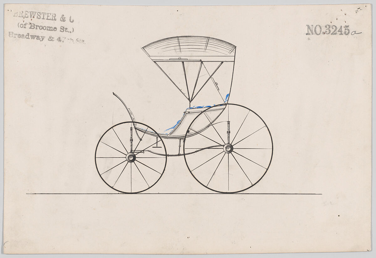 Design for Pony Phaeton, no. 3245a, Brewster &amp; Co. (American, New York), Pen and black ink, watercoclor wash and black ink 