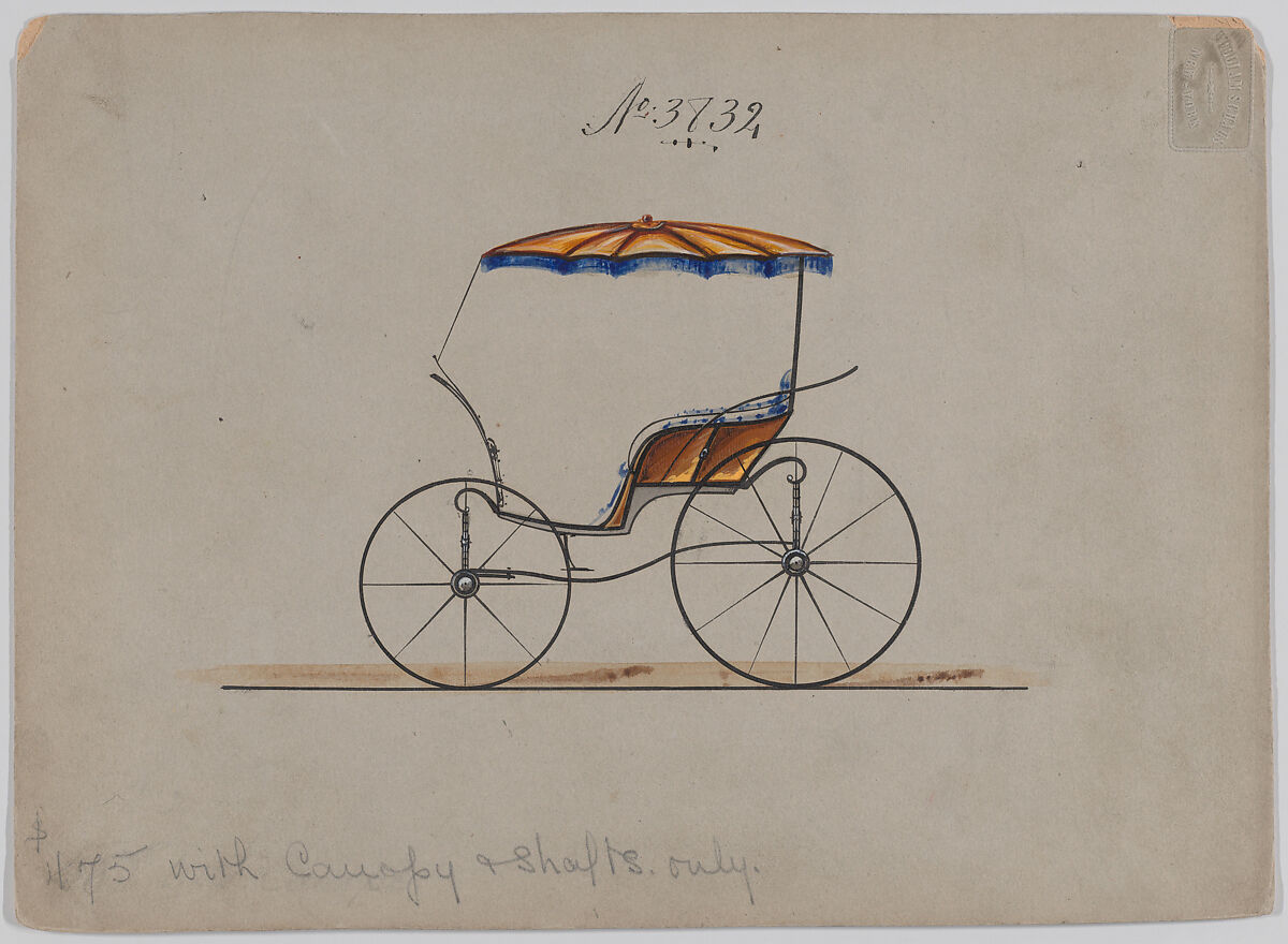 Design for Pony Phaeton, no. 3832, Brewster &amp; Co. (American, New York), Pen and black in, watercolor and gouache with gum arabic 