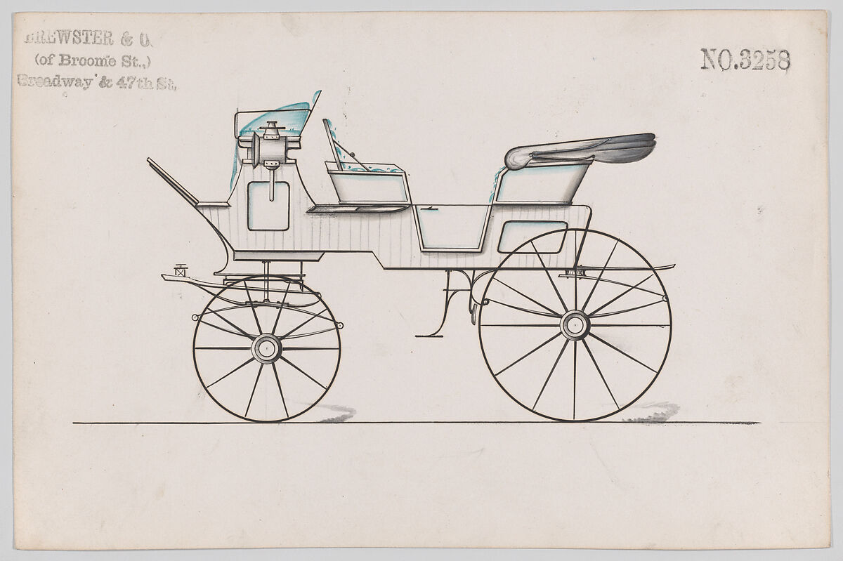 Design for 6 seat Phaeton, no. 3258, Brewster &amp; Co. (American, New York), Pen and black ink watercolor and gouache 