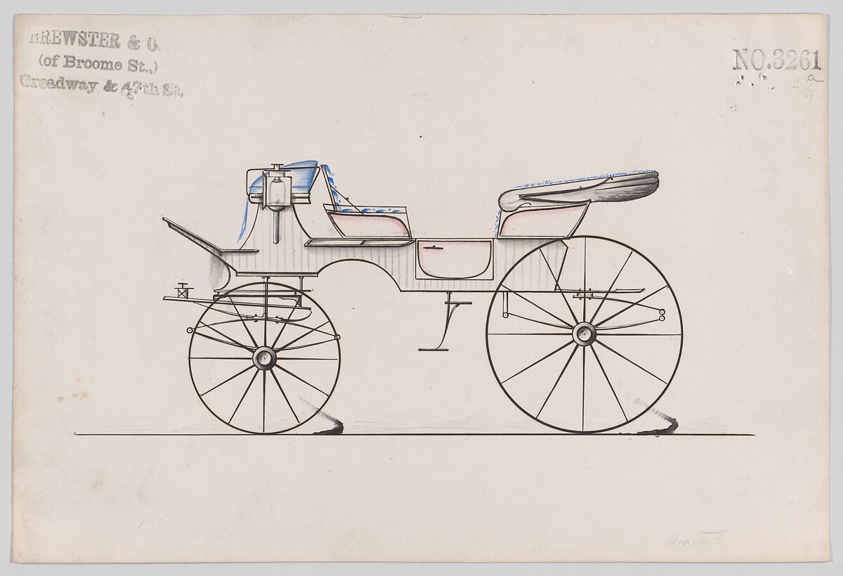 Design for 6 seat Phaeton, no. 3261a, Brewster &amp; Co. (American, New York), Pen and black in watercolor and gouache 