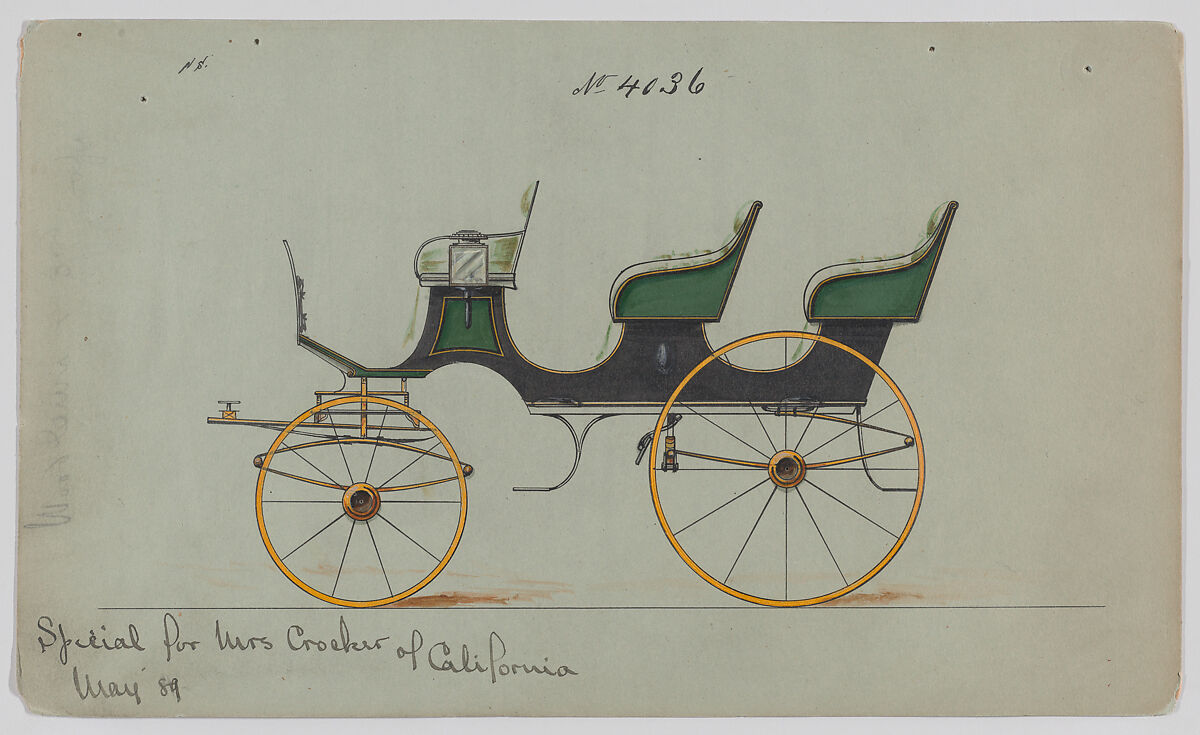 Design for 6 seat Phaeton, no. 4036, Brewster &amp; Co. (American, New York), Pen and black ink watercolor and gouache with gum arabic 