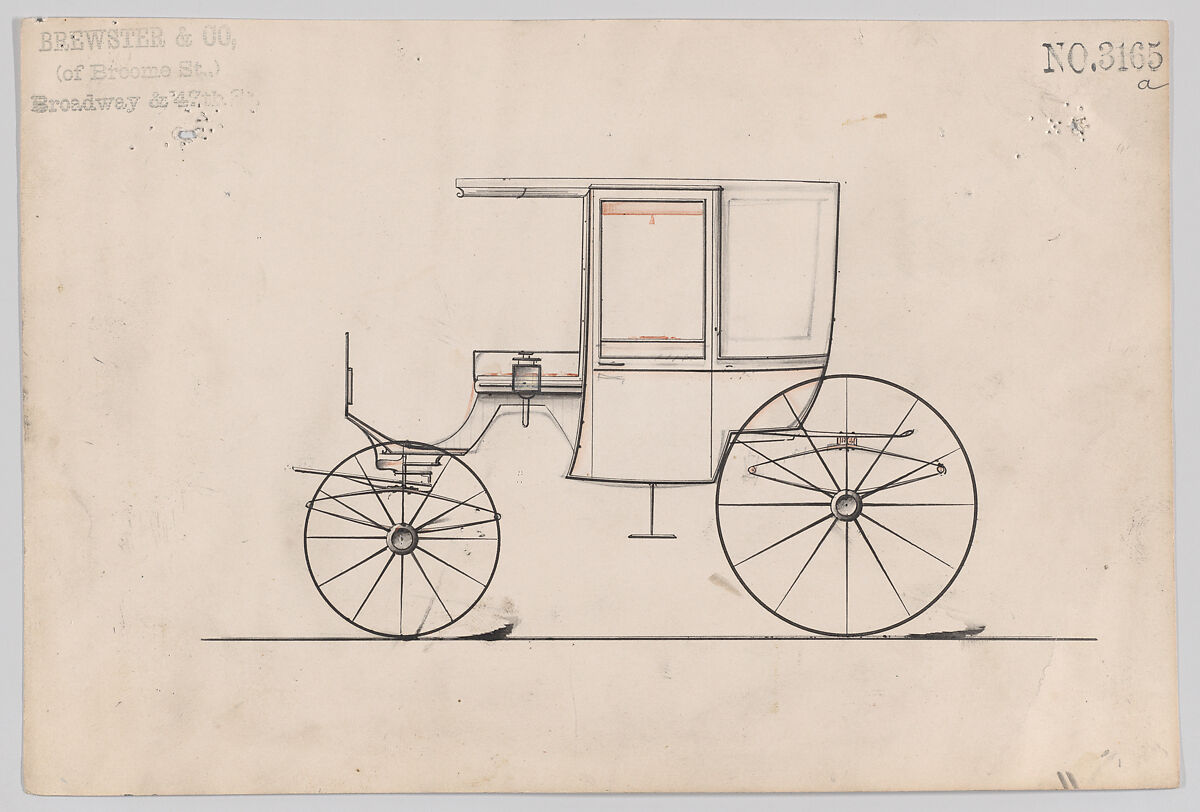 Design for 4 seat Rockaway, no. 3165a, Brewster &amp; Co. (American, New York), Pen and black ink, watercolor and gouache 