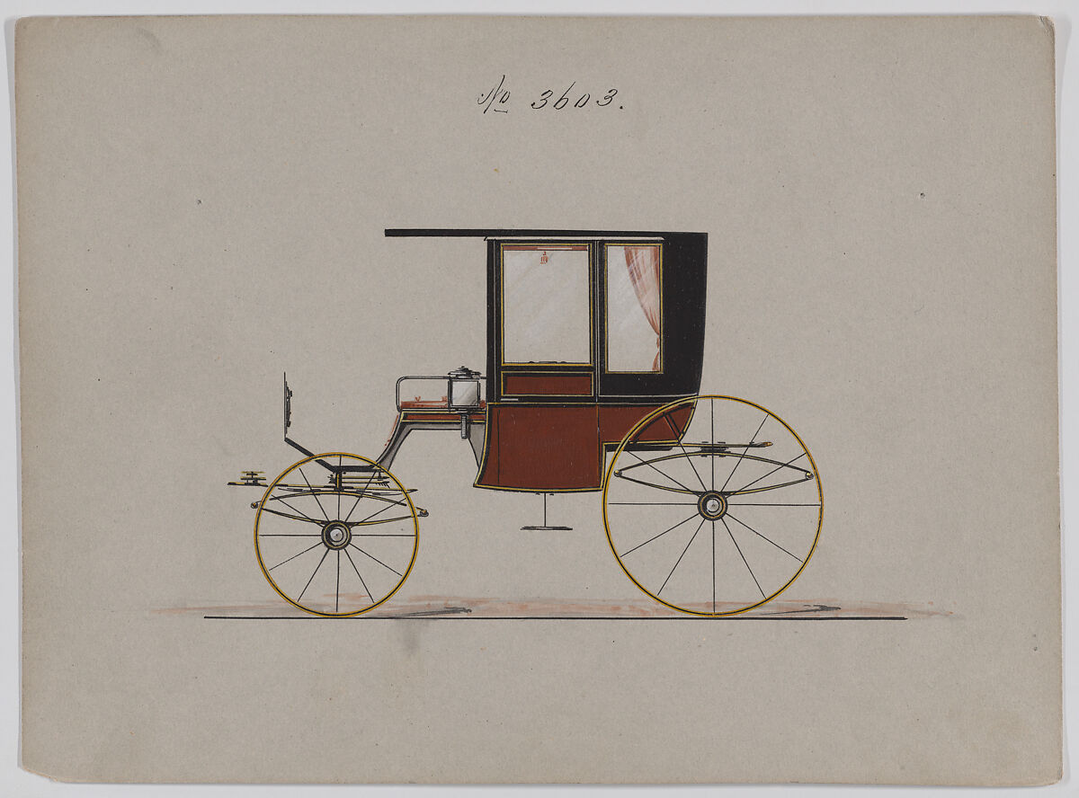 Design for 4 seat Rockaway, no. 3603, Brewster &amp; Co. (American, New York), Pen and black ink, watercolor and gouache with gum arabic. 