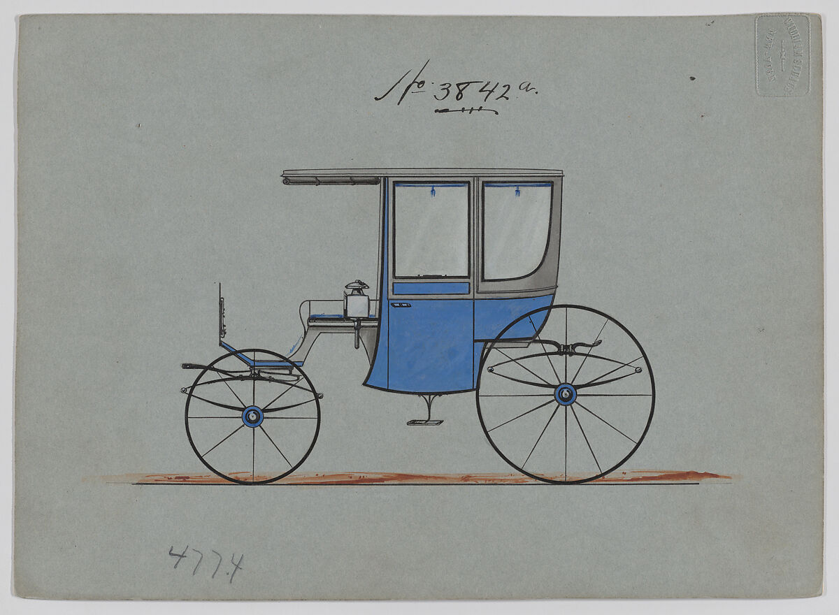Design for 4 seat Rockaway, no. 3842a, Brewster &amp; Co. (American, New York), Pen and black ink, watercolor and gouache with gum arabic 