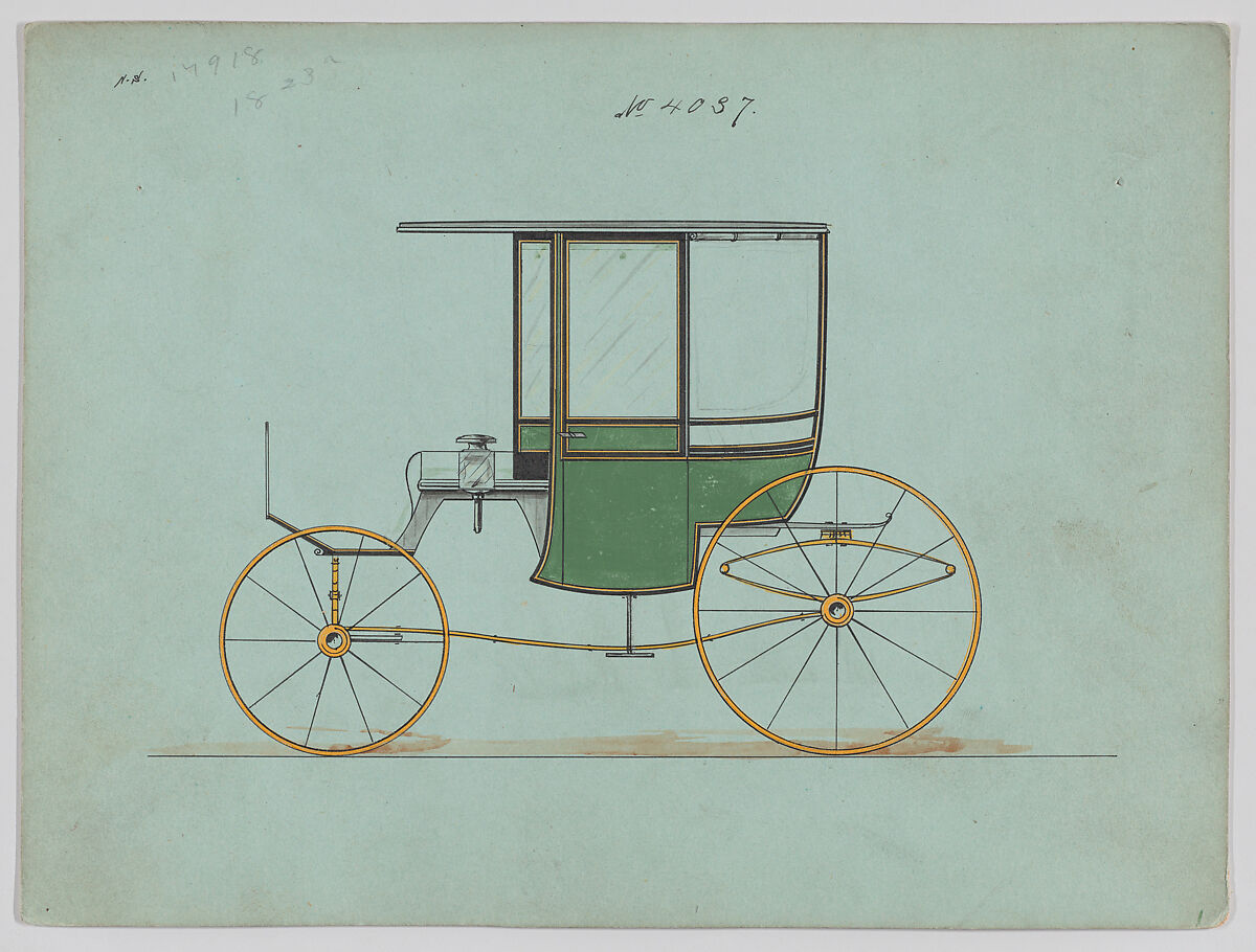 Design for 4 seat Rockaway, no. 4037, Brewster &amp; Co. (American, New York), Graphite, pen and black ink, watercolor and gouache with gum arabic 