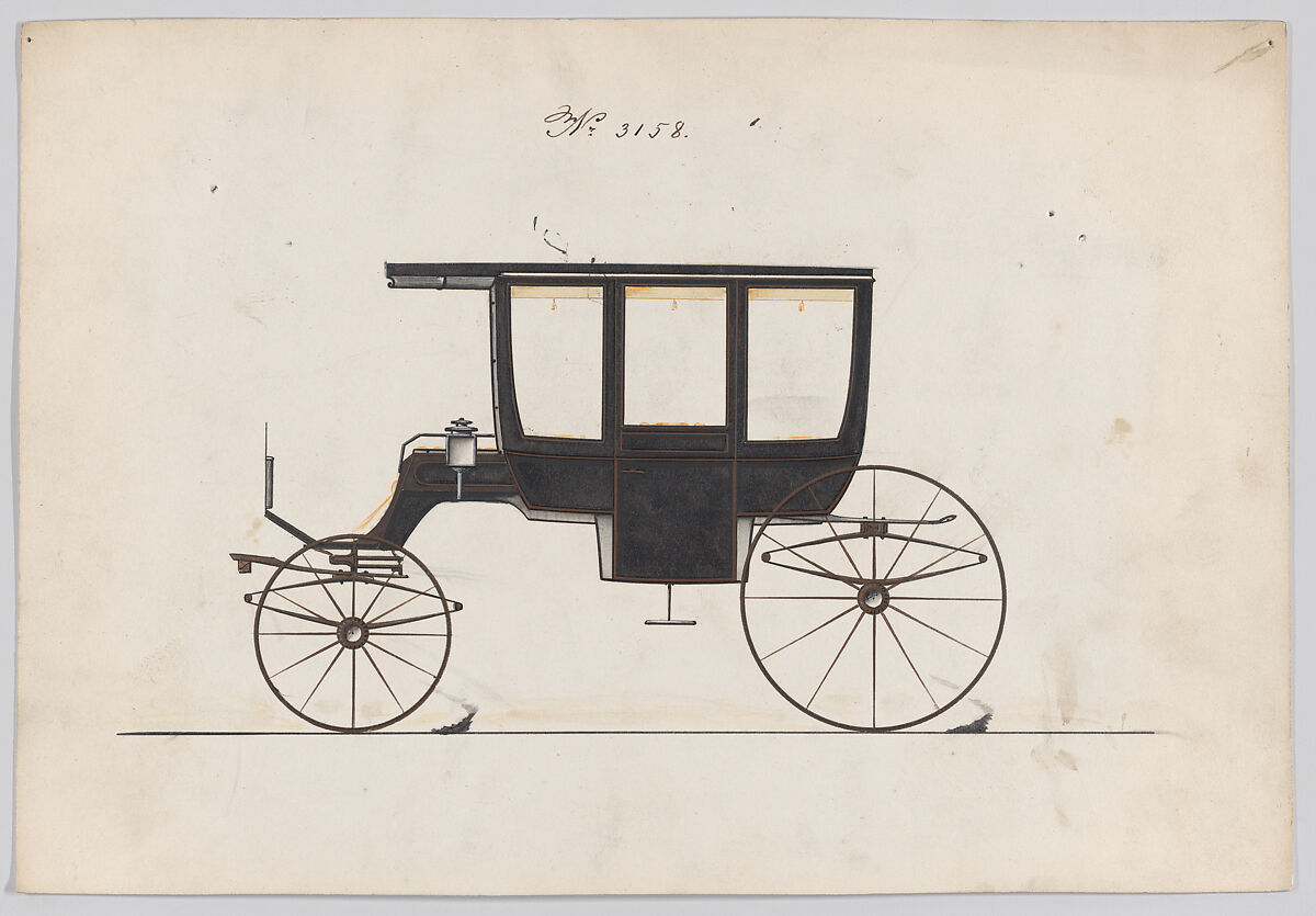 Design for 6 seat Rockaway, no. 3158, Brewster &amp; Co. (American, New York), Pen and black ink with gold 