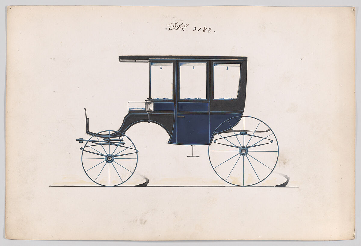 Design for 6 seat Rockaway, no. 3188, Brewster &amp; Co. (American, New York), Pen and black ink, watercolor and gouache 