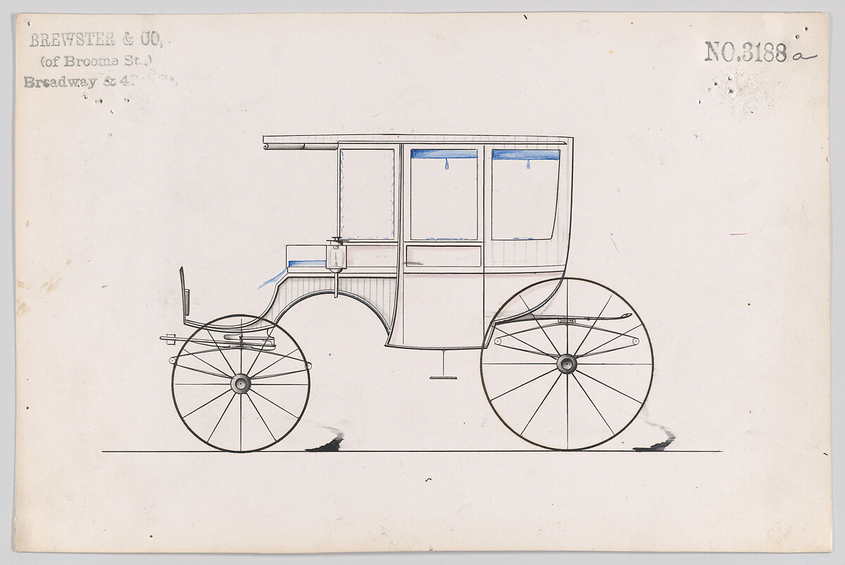 Design for 6 seat Rockaway, no. 3188a, Brewster &amp; Co. (American, New York), Pen and black ink, watercolor and gouache 
