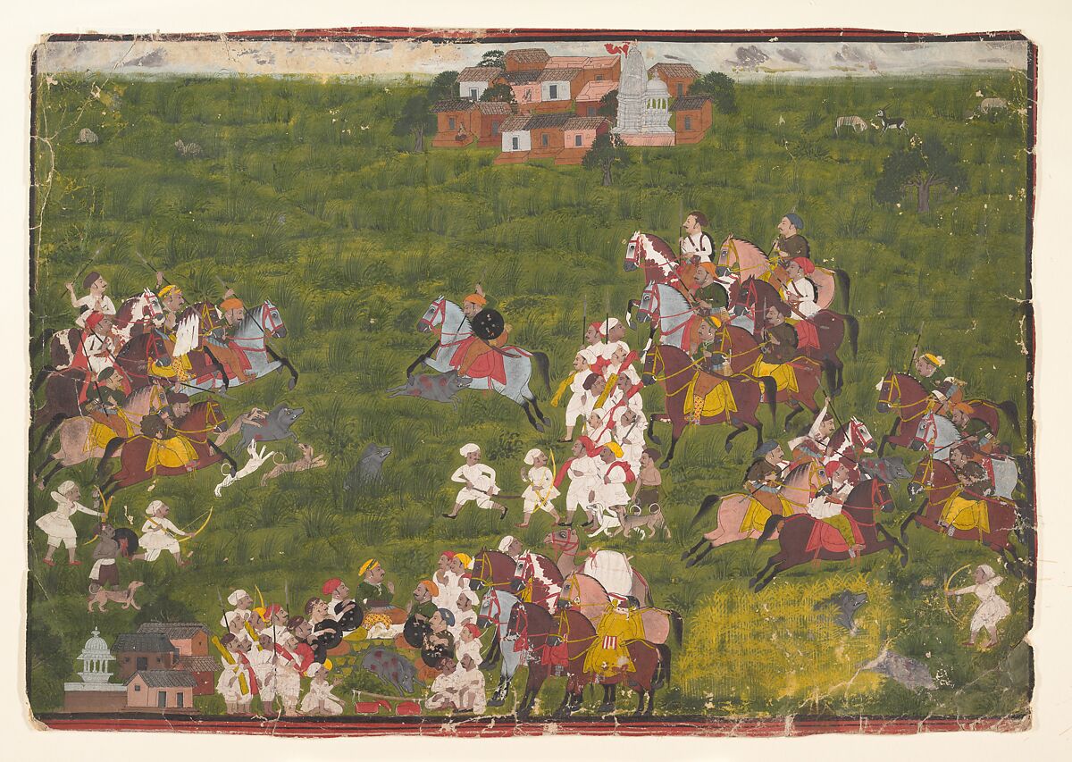 Maharana Sangram Singh Hunting Wild Boar, Ink and opaque watercolor on paper, Western India, Rajasthan, Udaipur 