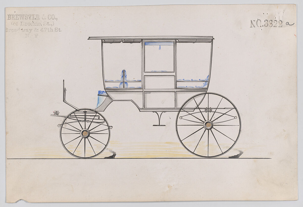 Design for 6 seat Rockaway, no. 3322a, Brewster &amp; Co. (American, New York), Pen and black ink, watercolor and gouache with gum arabic and metallic ink 